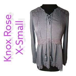 Knox Rose | Grey/Purple | Bohemian Top | Tassel | Empire Waist | X-Small